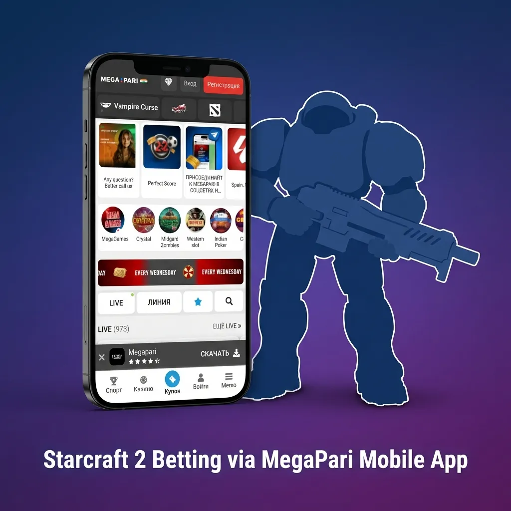 Smartphone screen showing MegaPari app interface for live StarCraft 2 esports betting in India