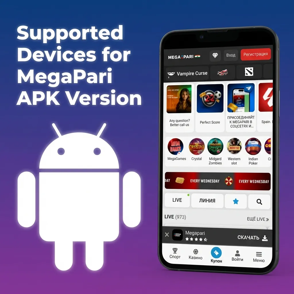 Infographic listing supported Android phones for MegaPari APK, showing popular Samsung, Xiaomi, OnePlus and other models.