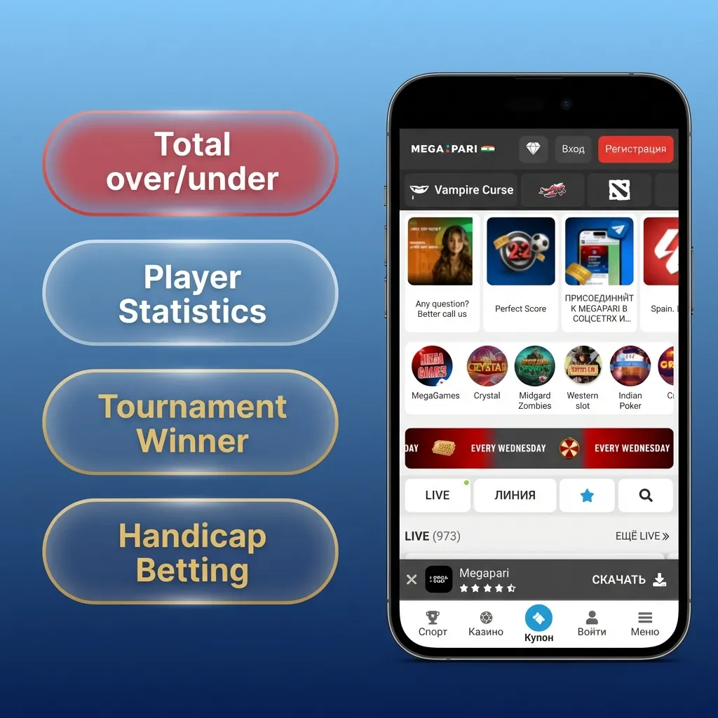 Infographic titled “Types of Bets at MegaPari” explaining single, accumulator, system, live, and outright betting options