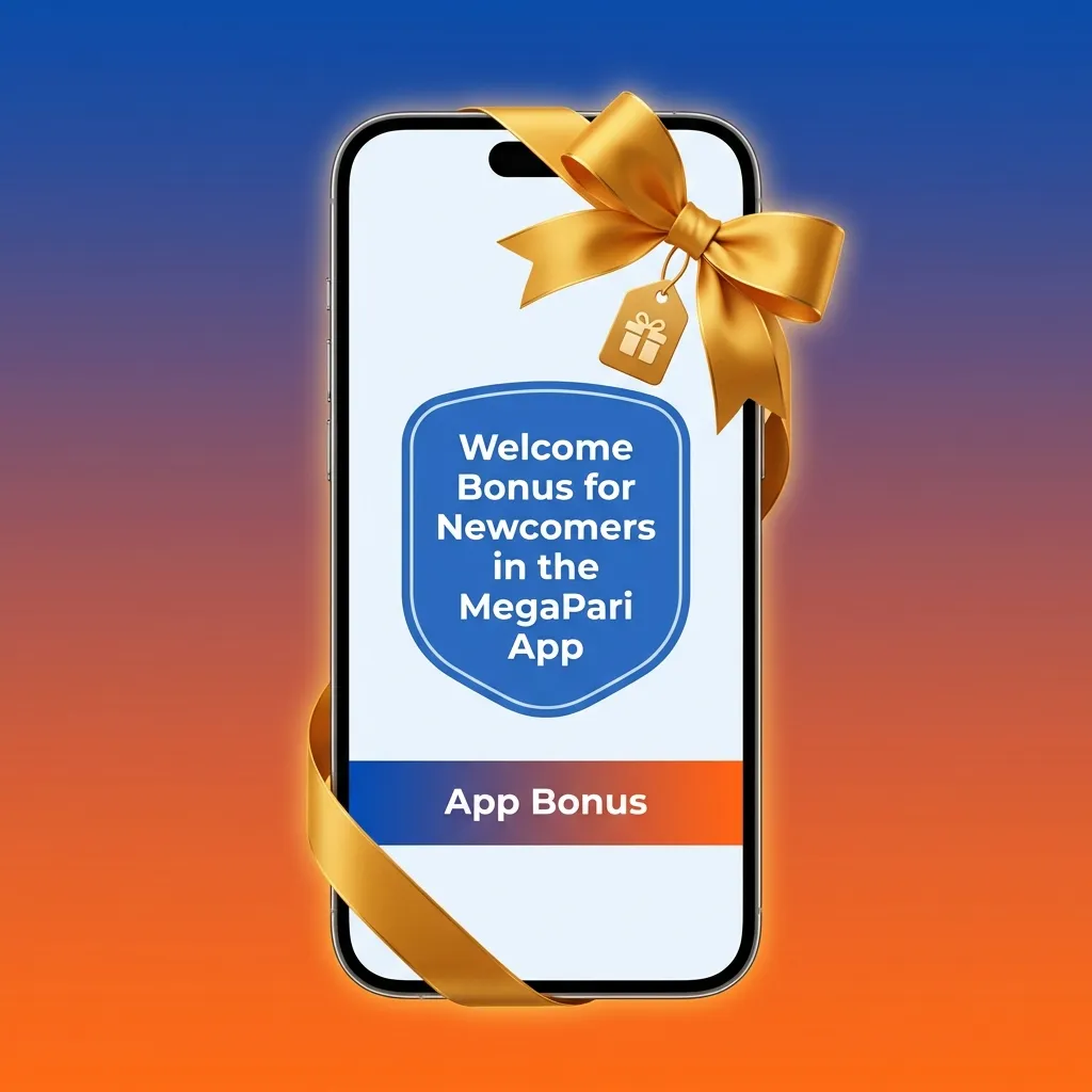 Smartphone showing MegaPari app welcome bonus choices for new users: sports 100% match or casino bonus with free spins