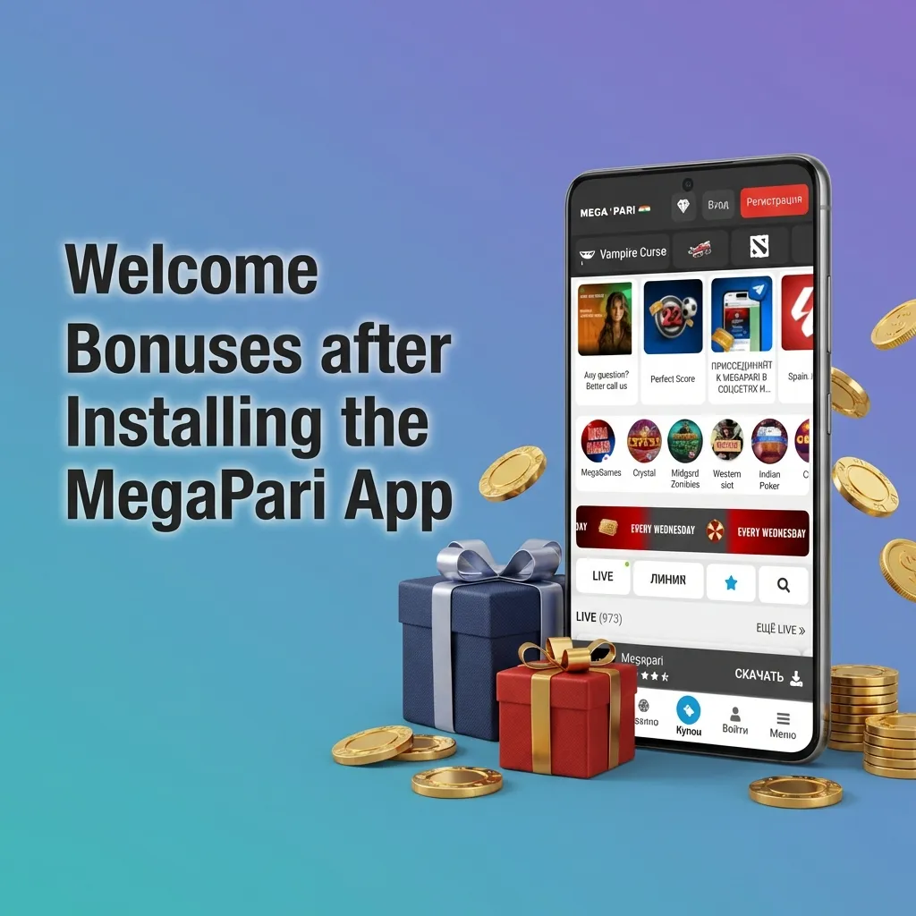 MegaPari app welcome bonus screen showing up to 133700 INR bonus and 150 free spins for new Indian players